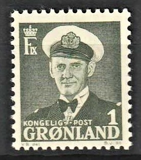 FRIMÆRKER GRØNLAND | 1950 - AFA 28 - Kong Frederik IX - 1 øre grønsort - Postfrisk